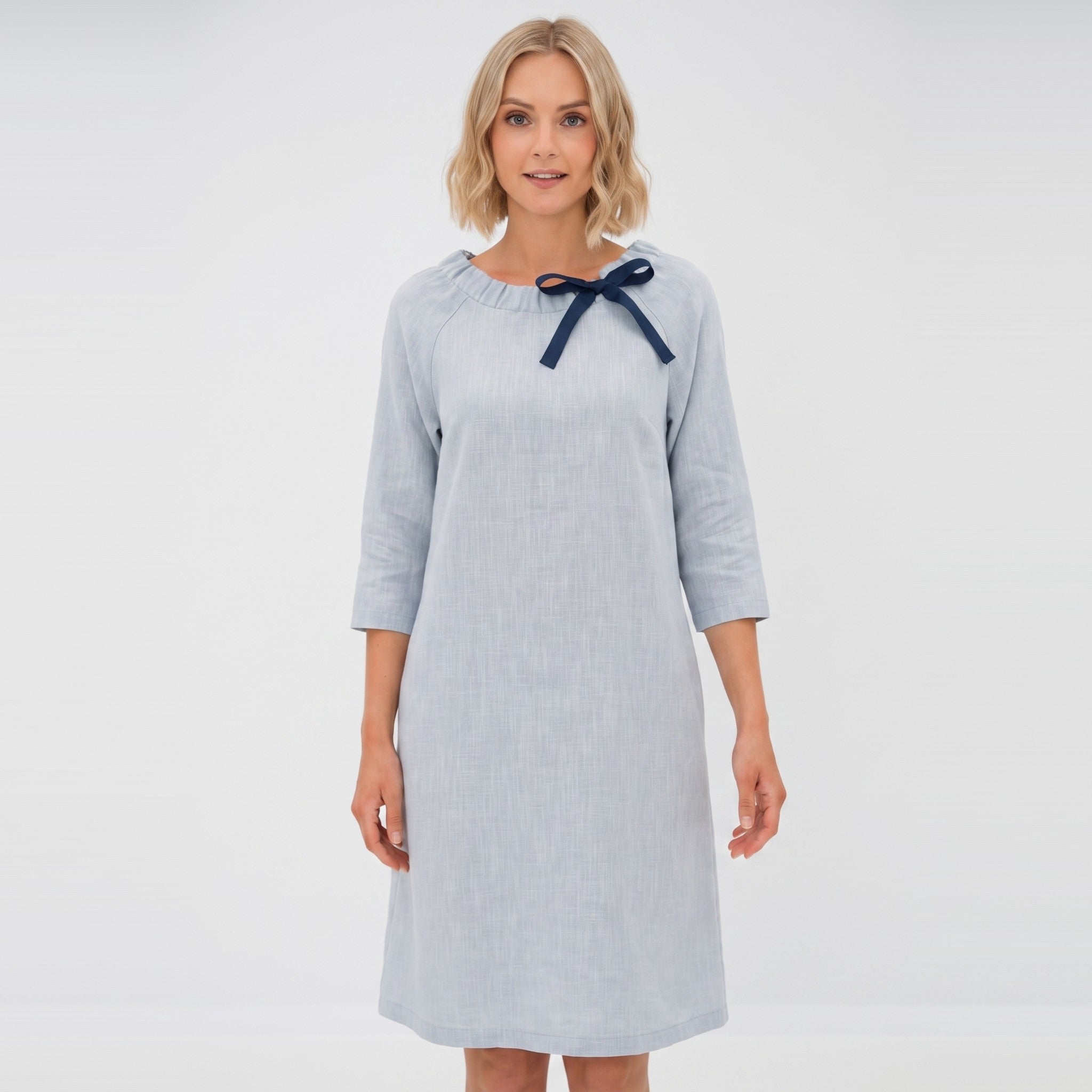 FRENCH — Stonewashed Linen Dress With Adjustable Ribbon Bow