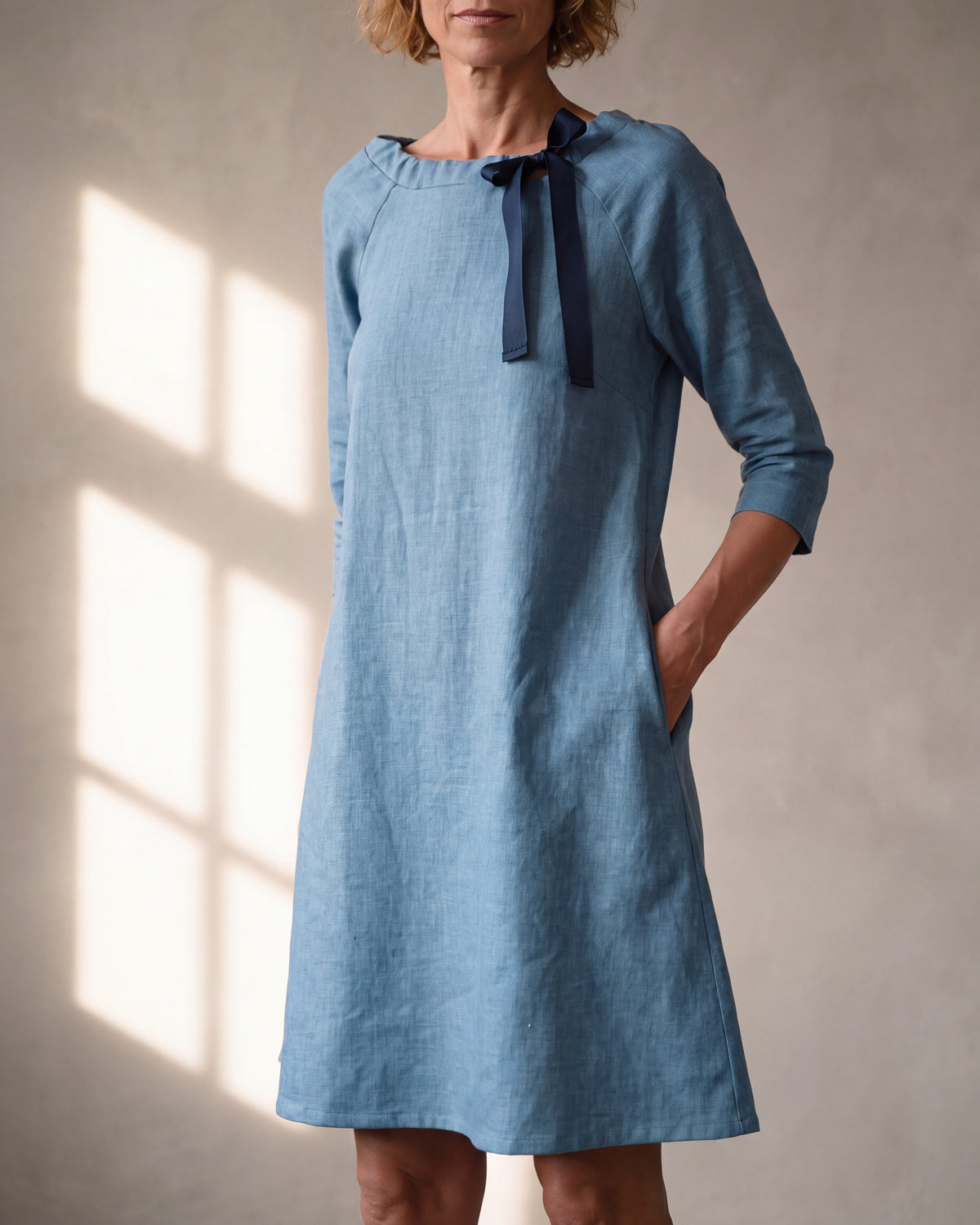 FRENCH Blue linen blend ribbon neck A-line dress, close front view