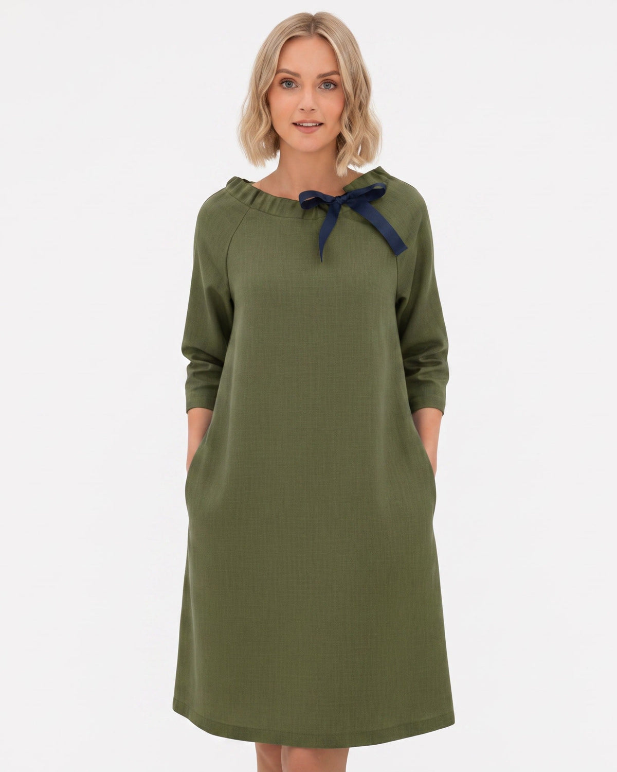 LeMuse FRENCH linen dress in olive green – studio front view #Color_Olive green