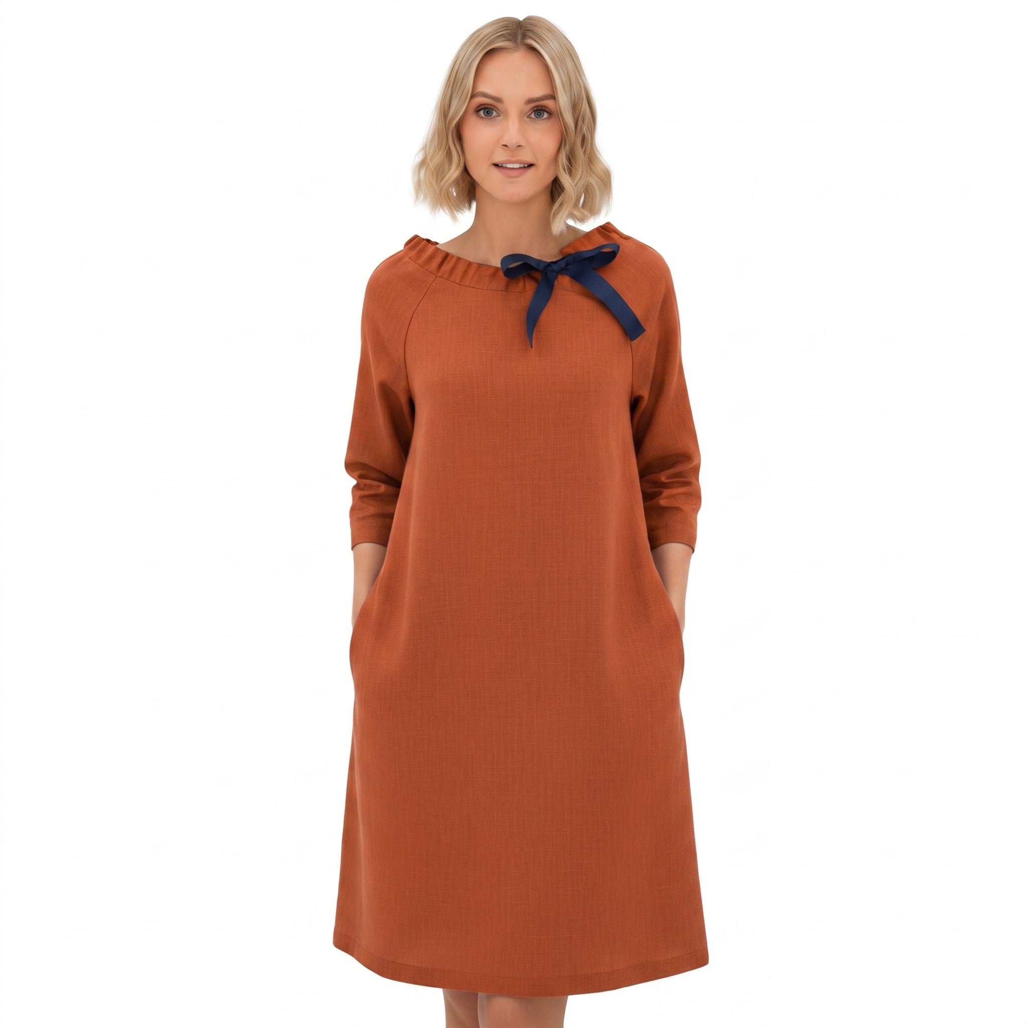 FRENCH — Stonewashed Linen Dress With Adjustable Ribbon Bow
