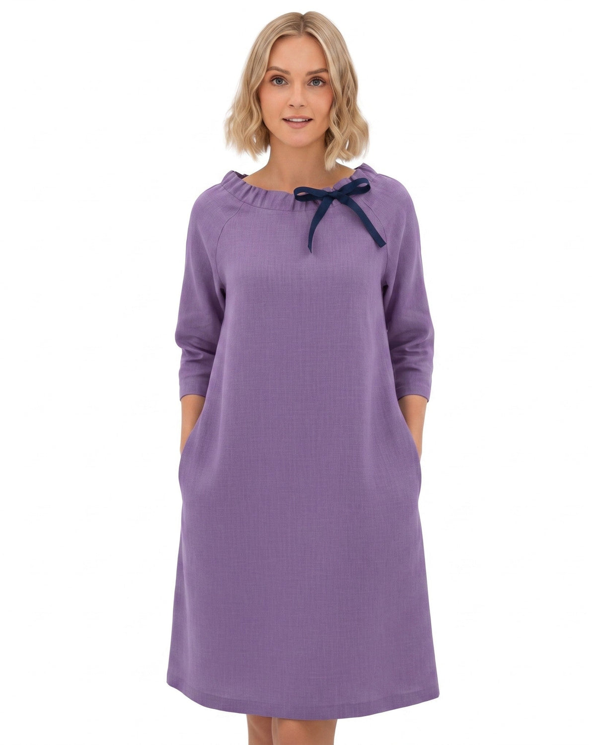 LeMuse FRENCH linen dress in purple – studio front view #Color_Purple