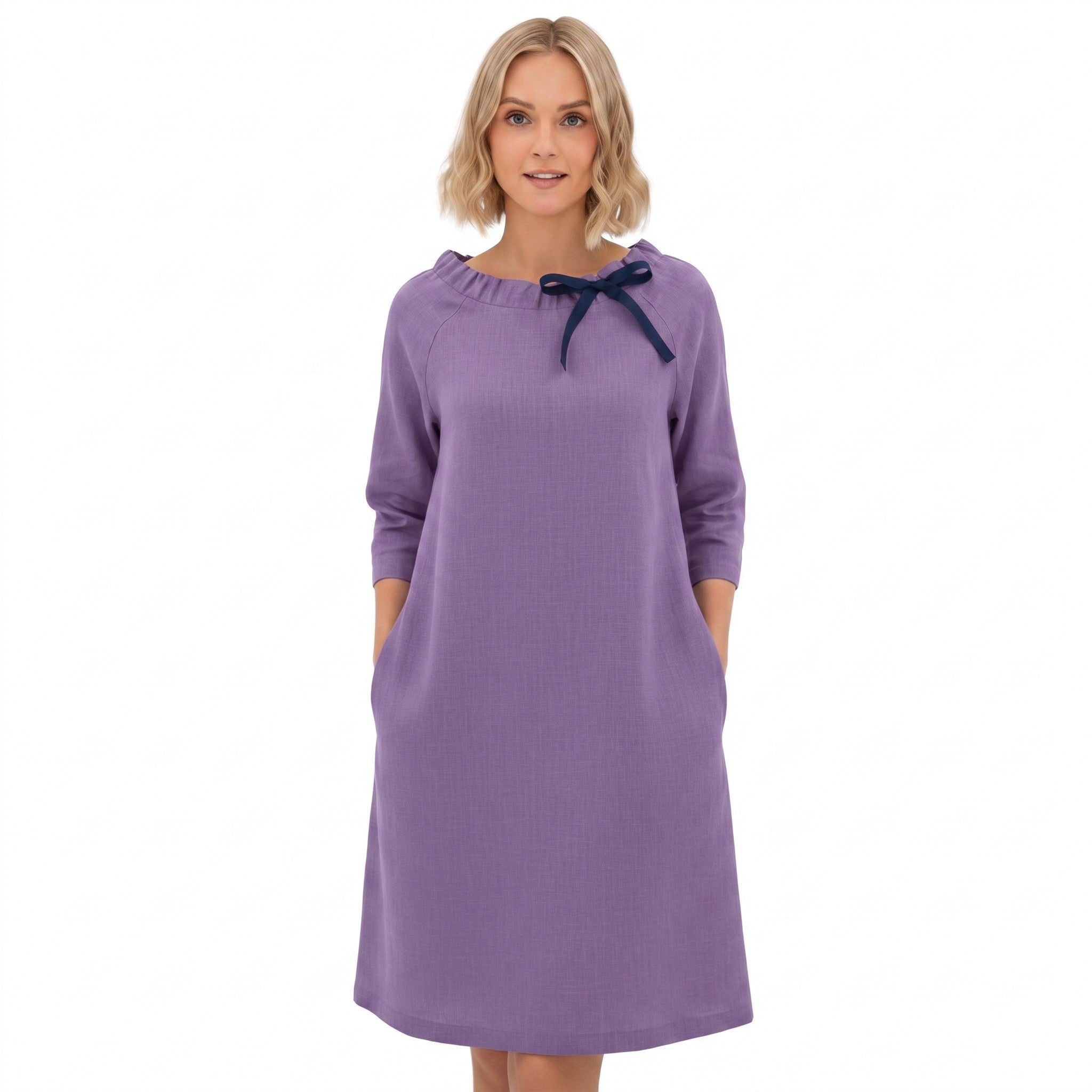 FRENCH — Stonewashed Linen Dress With Adjustable Ribbon Bow