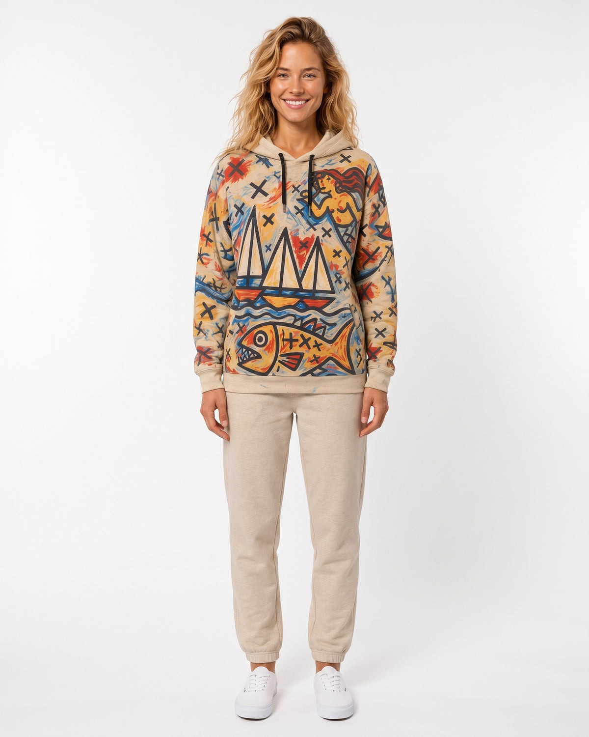 SAIL – Unisex-Hoodie mit Nida-Print – Hoodie in Beige, Vorderansicht, ganze Länge