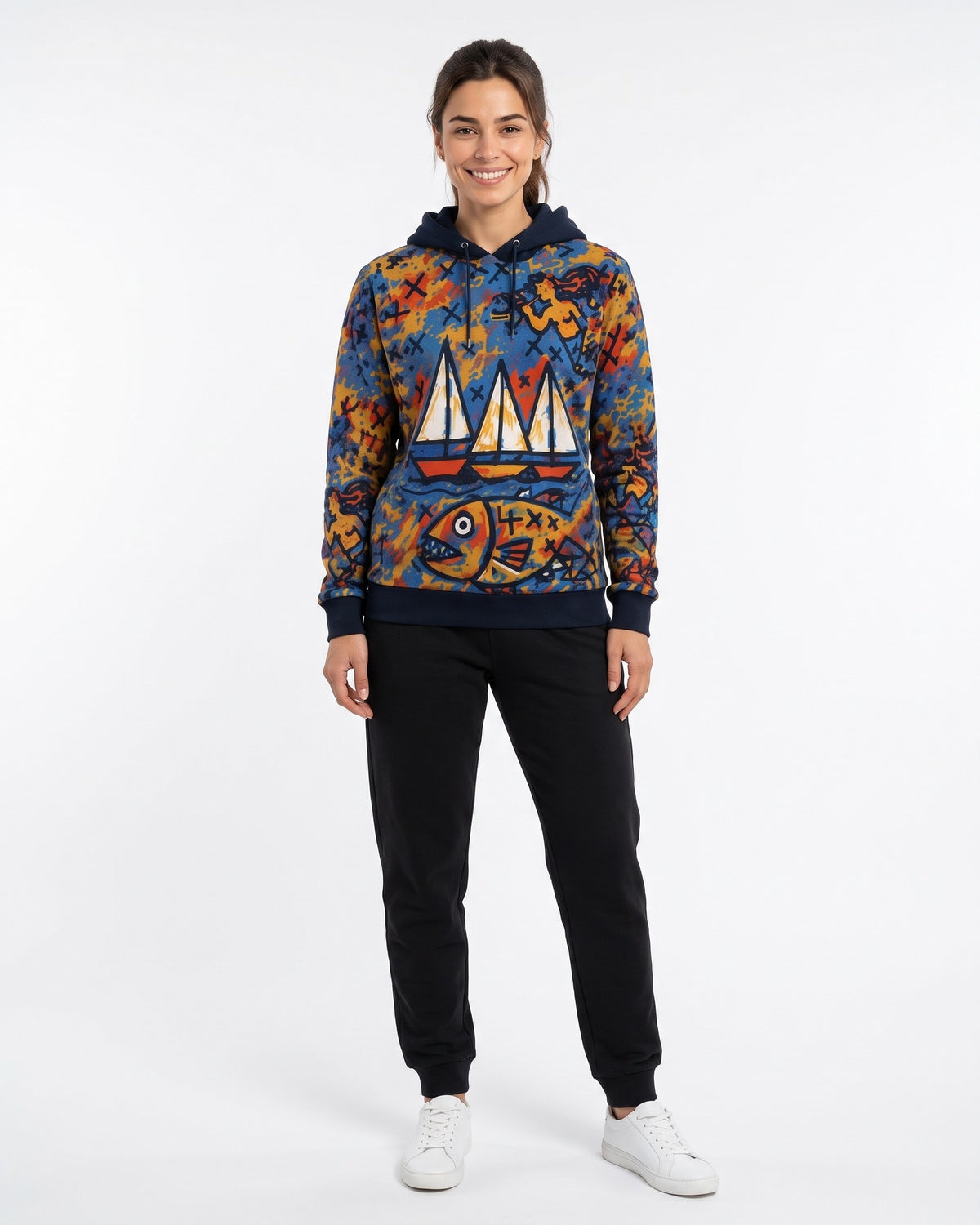 MARINA – Nida Print Unisex Hoodie – Black hoodie, front view, full length
