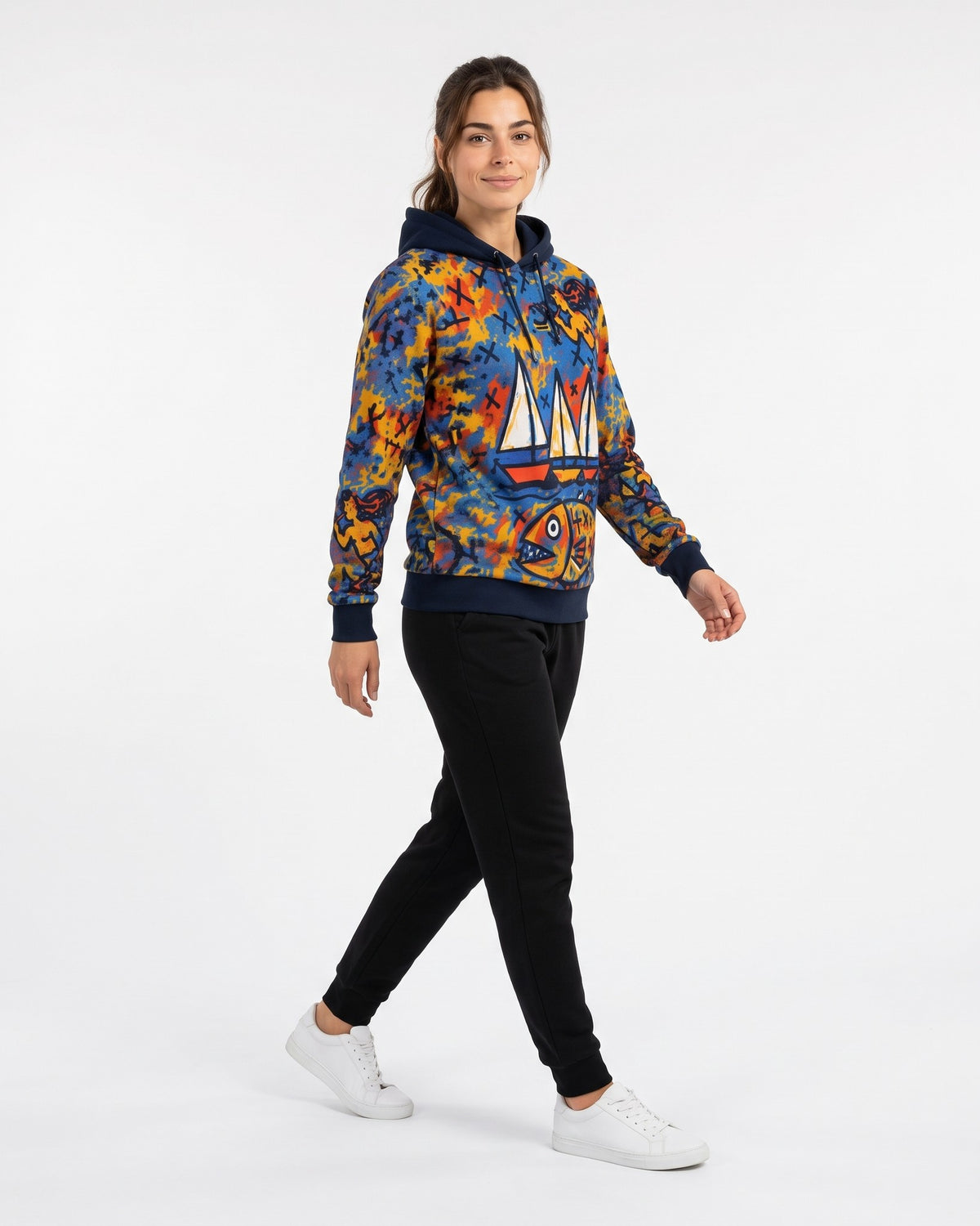 MARINA – Nida Print Unisex Hoodie – Black hoodie, side view in motion