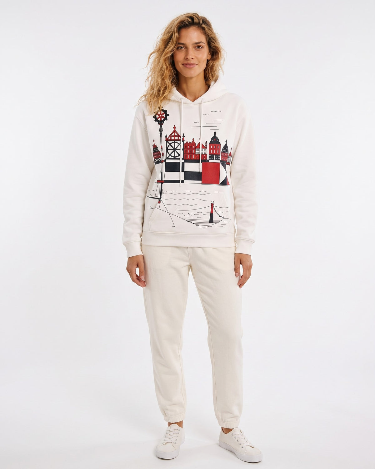 HARBOR – Nida Print Unisex Hoodie – White džemperis, priekinis vaizdas, pilnu ūgiu #Color_White