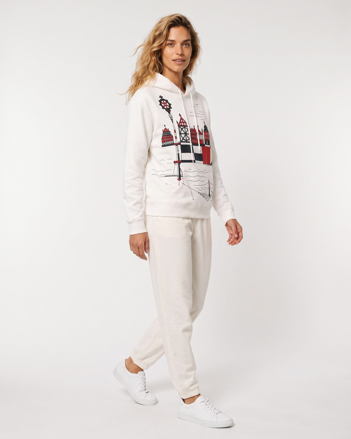 HARBOR – Nida Print Unisex Hoodie – White hoodie, side view in motion
