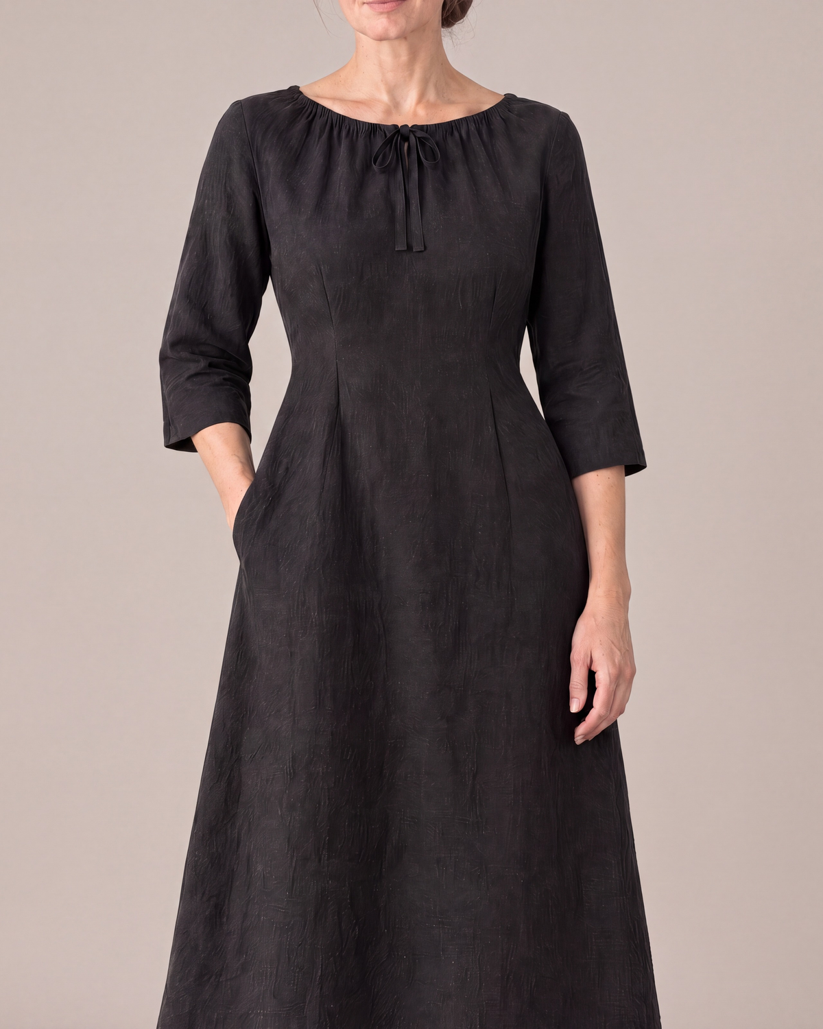 HELENA linen A-line midi dress in Black, front