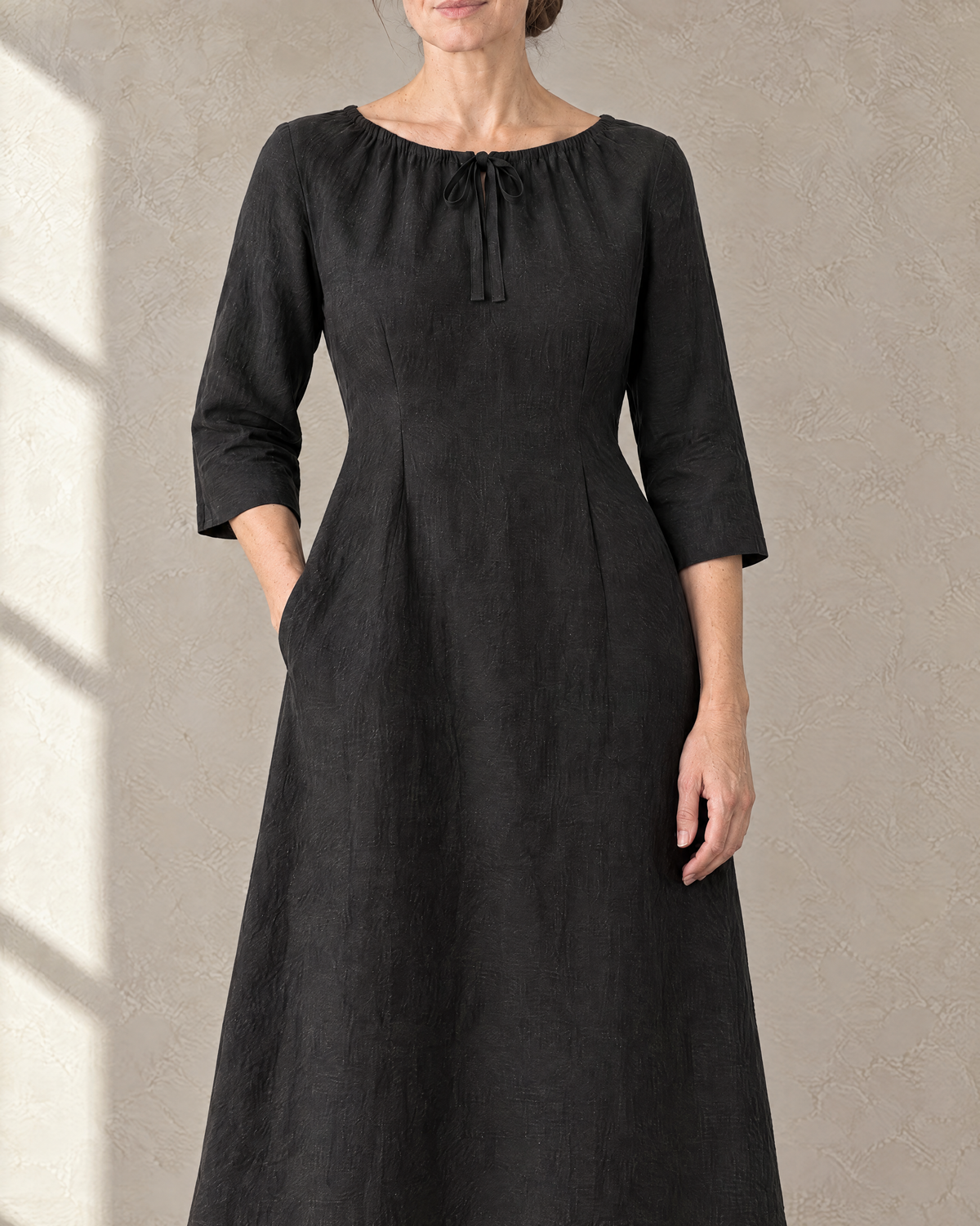 HELENA linen A-line midi dress in Black, front