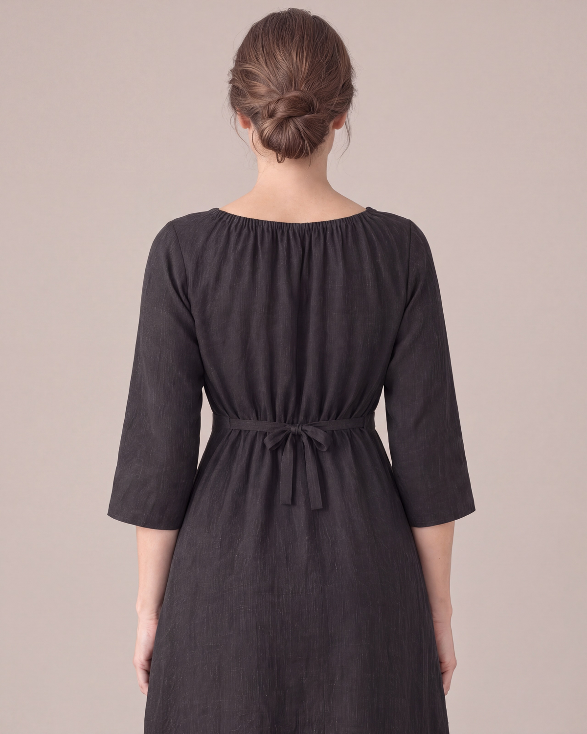 HELENA linen dress in Black, flat back ties and bow