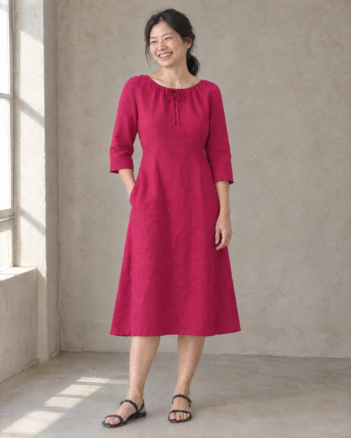 HELENA linen dress in Cerise, front
