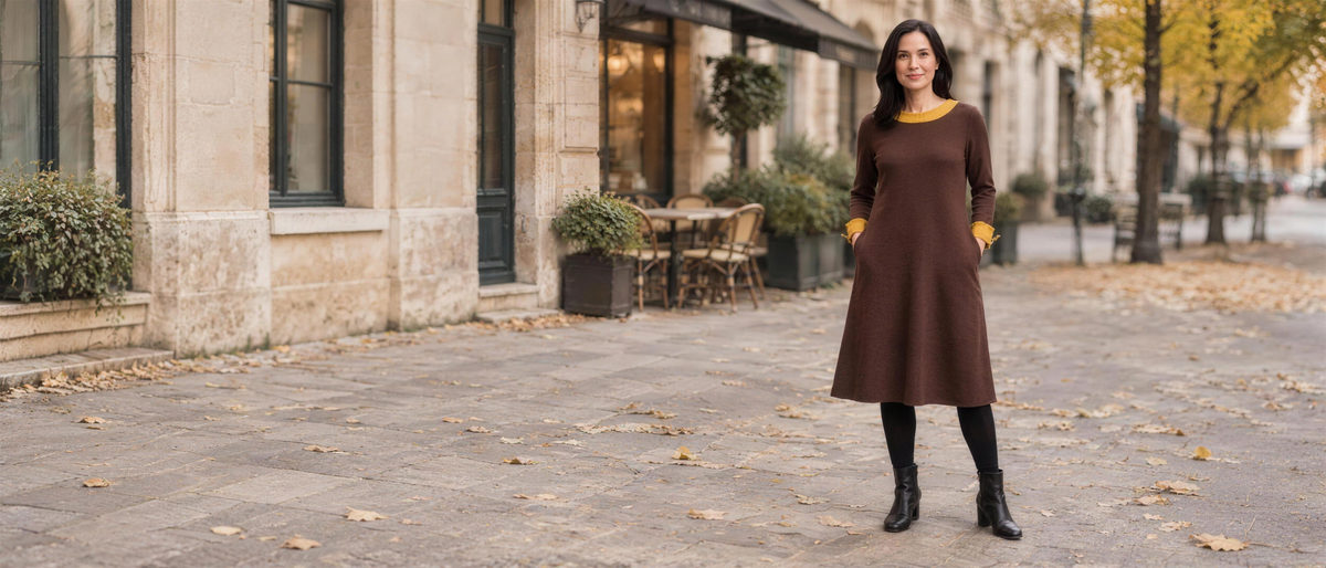 Woman in the brown DUO Punto Milano dress on an autumn old-town street
