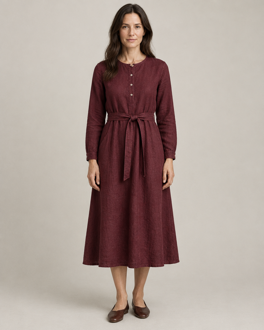 AUTUMN – burgundy lininė suknelė, priekis