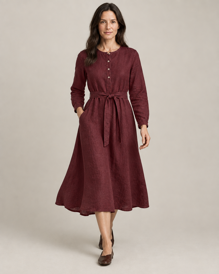 AUTUMN – burgundy lininė suknelė, judesys