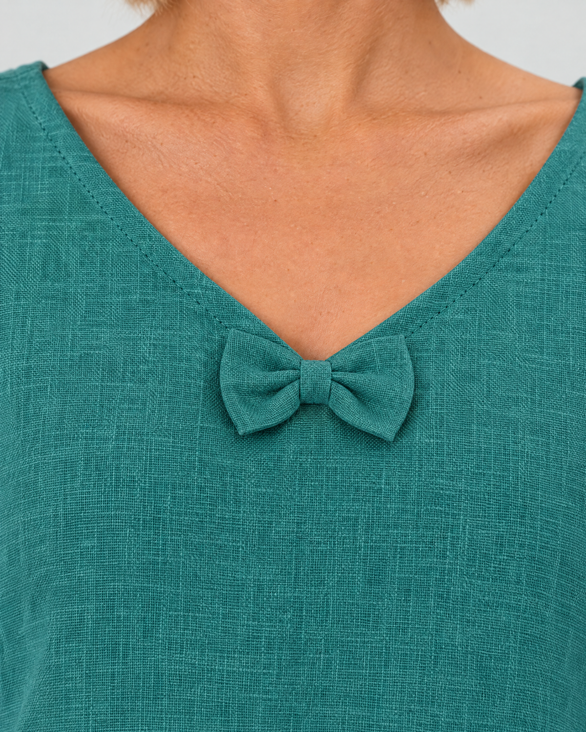 SUN – Linen Blend V-Neck Bow Dress – Teal dress, bow neckline detail, studio #Color_Teal