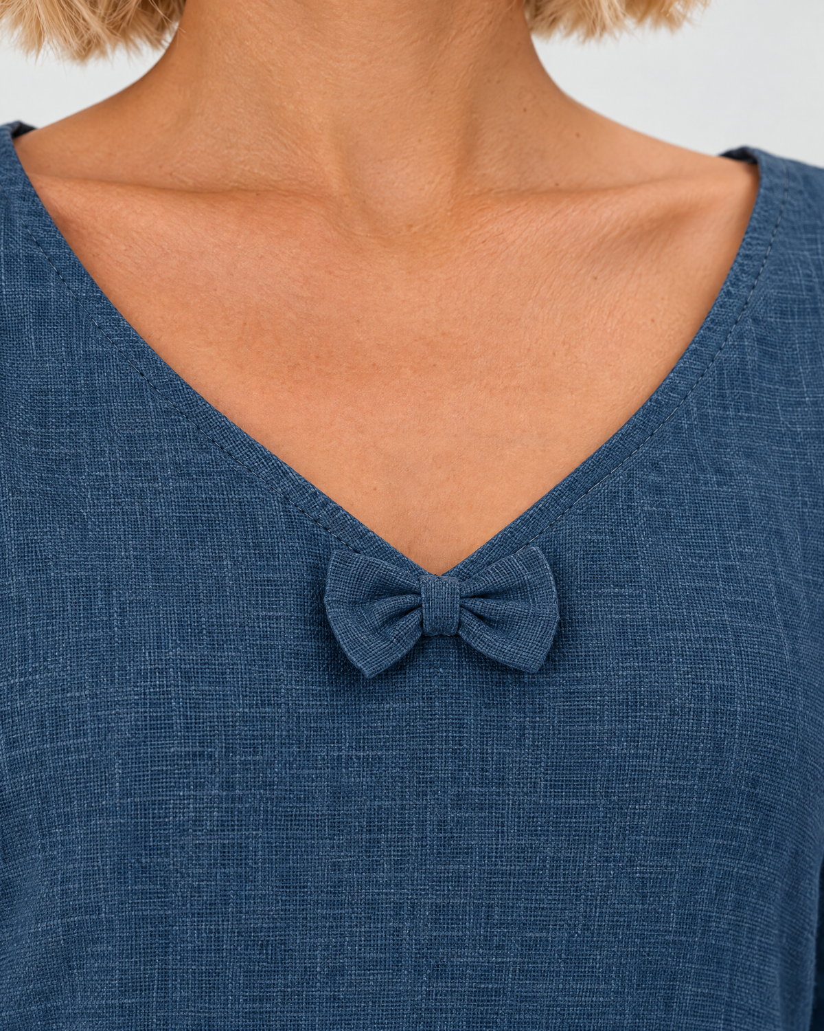 SUN – Linen Blend V-Neck Bow Dress – Blue dress, bow neckline detail, studio #Color_Blue