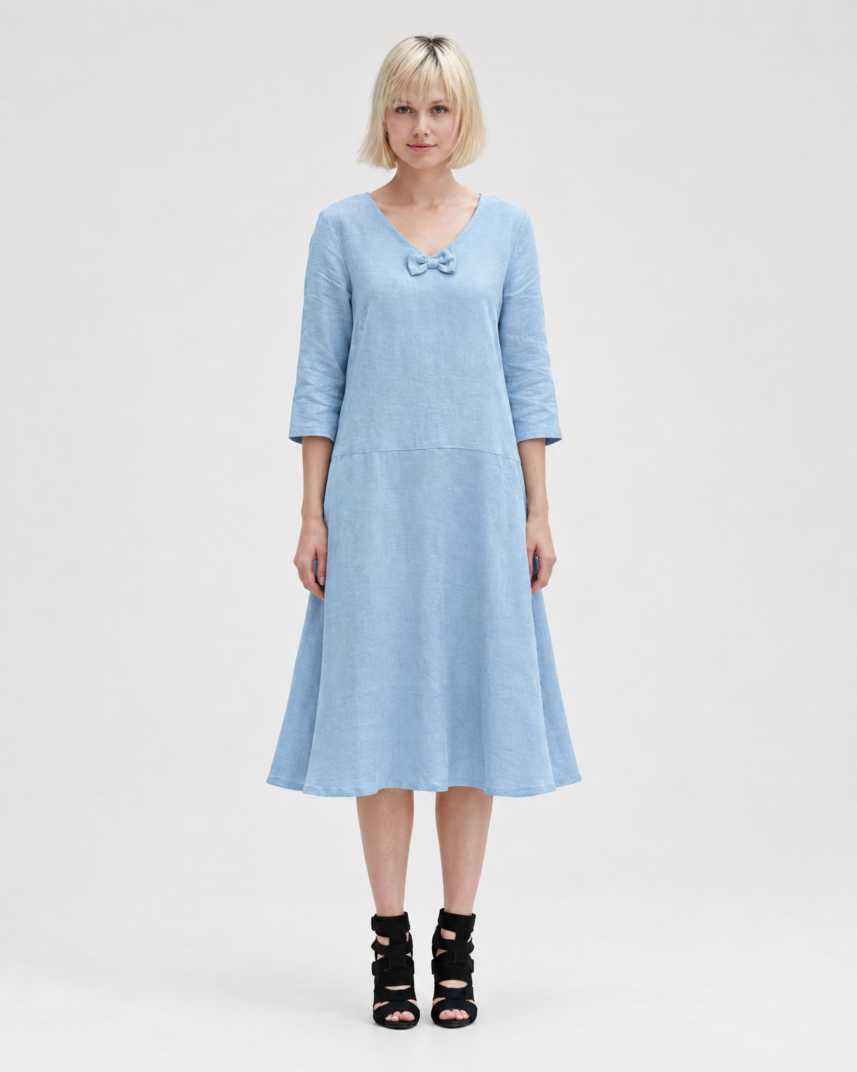 SUN – Linen Blend V-Neck Bow Dress – Light blue dress, front view, full length, studio #Color_Light blue