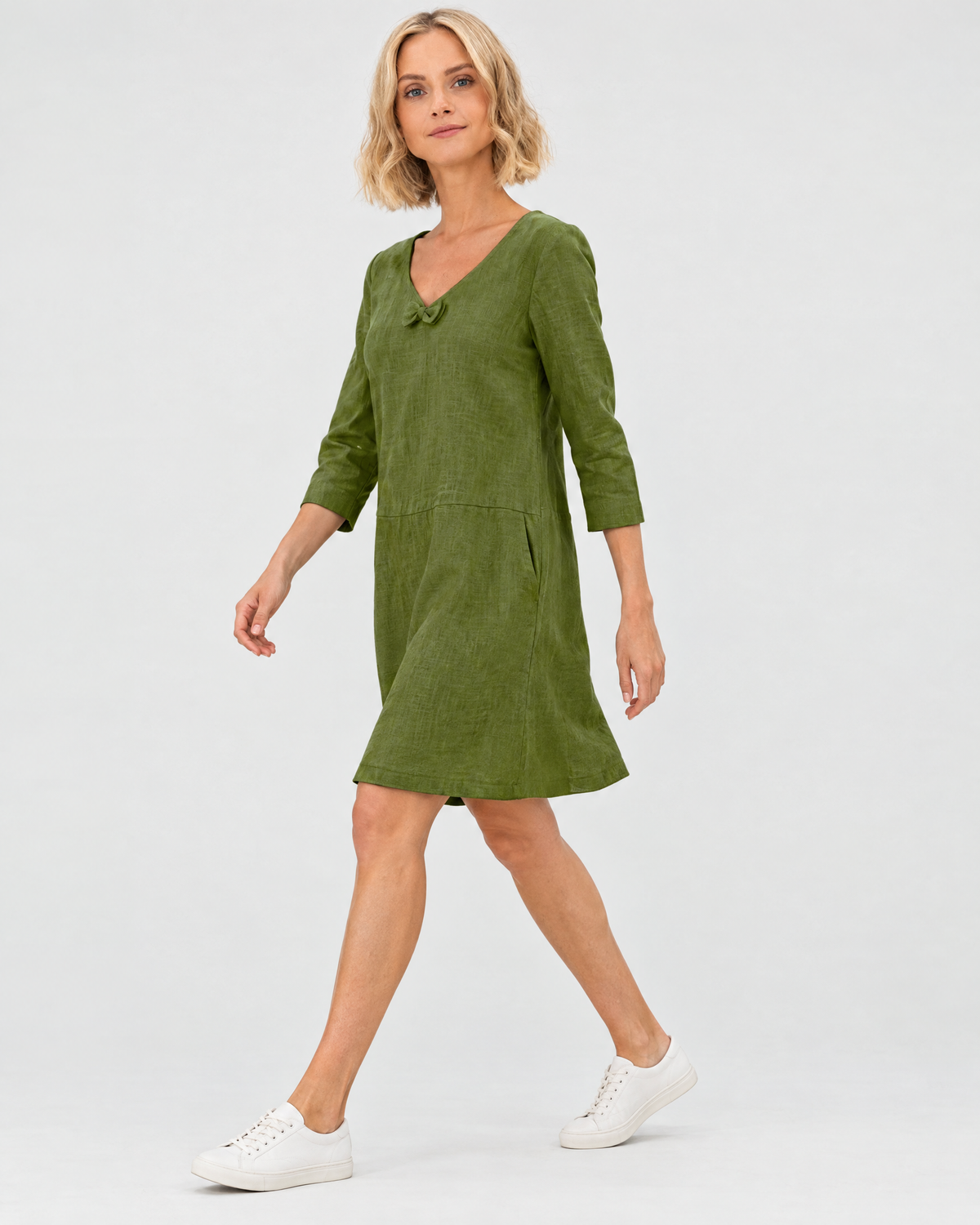 SUN – Linen Blend V-Neck Bow Dress – Olive green dress, side view in motion, studio #Color_Olive green