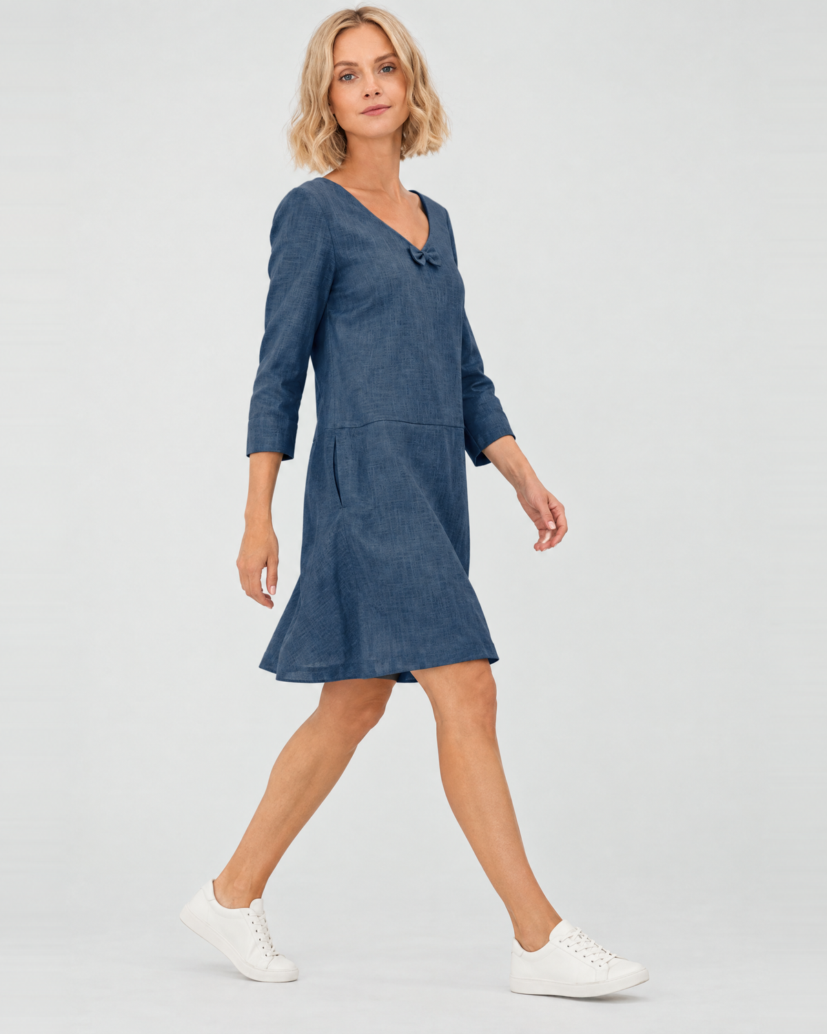 SUN – Linen Blend V-Neck Bow Dress – Blue dress, side view in motion, studio #Color_Blue
