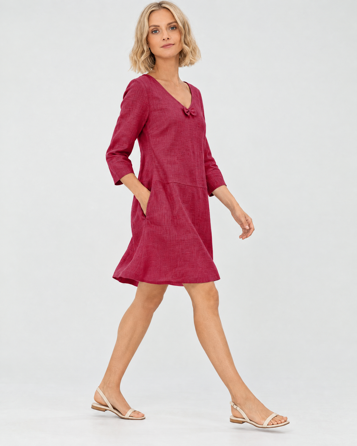 SUN – Linen Blend V-Neck Bow Dress – Cerise dress, side view in motion, studio #Color_Cerise