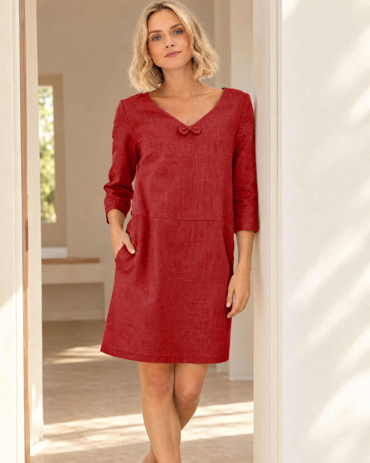 SUN – Linen Blend V-Neck Bow Dress – Red dress, lifestyle, sunlit doorway #Color_Red