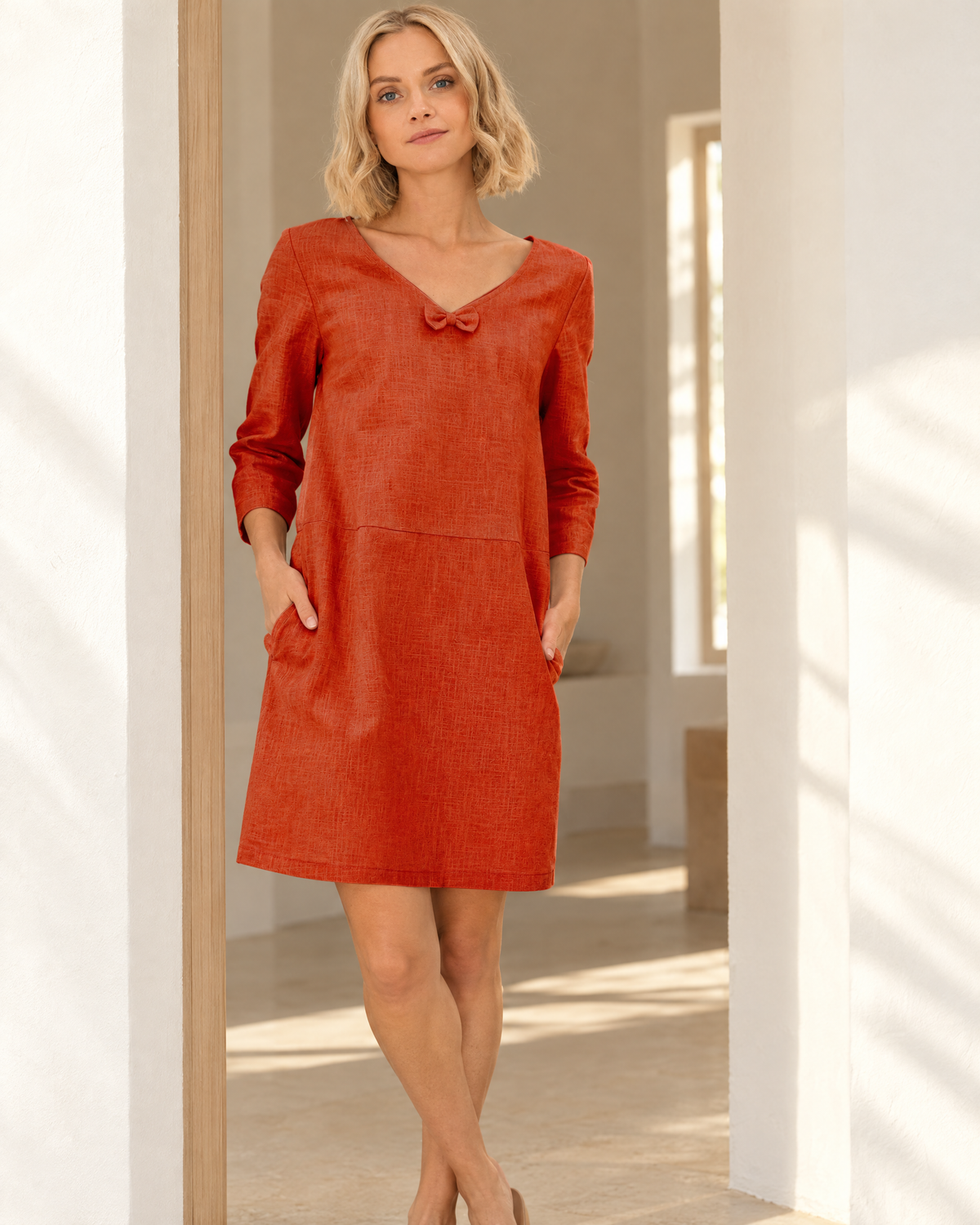 SUN – Linen Blend V-Neck Bow Dress – Orange dress, lifestyle, sunlit doorway #Color_Orange