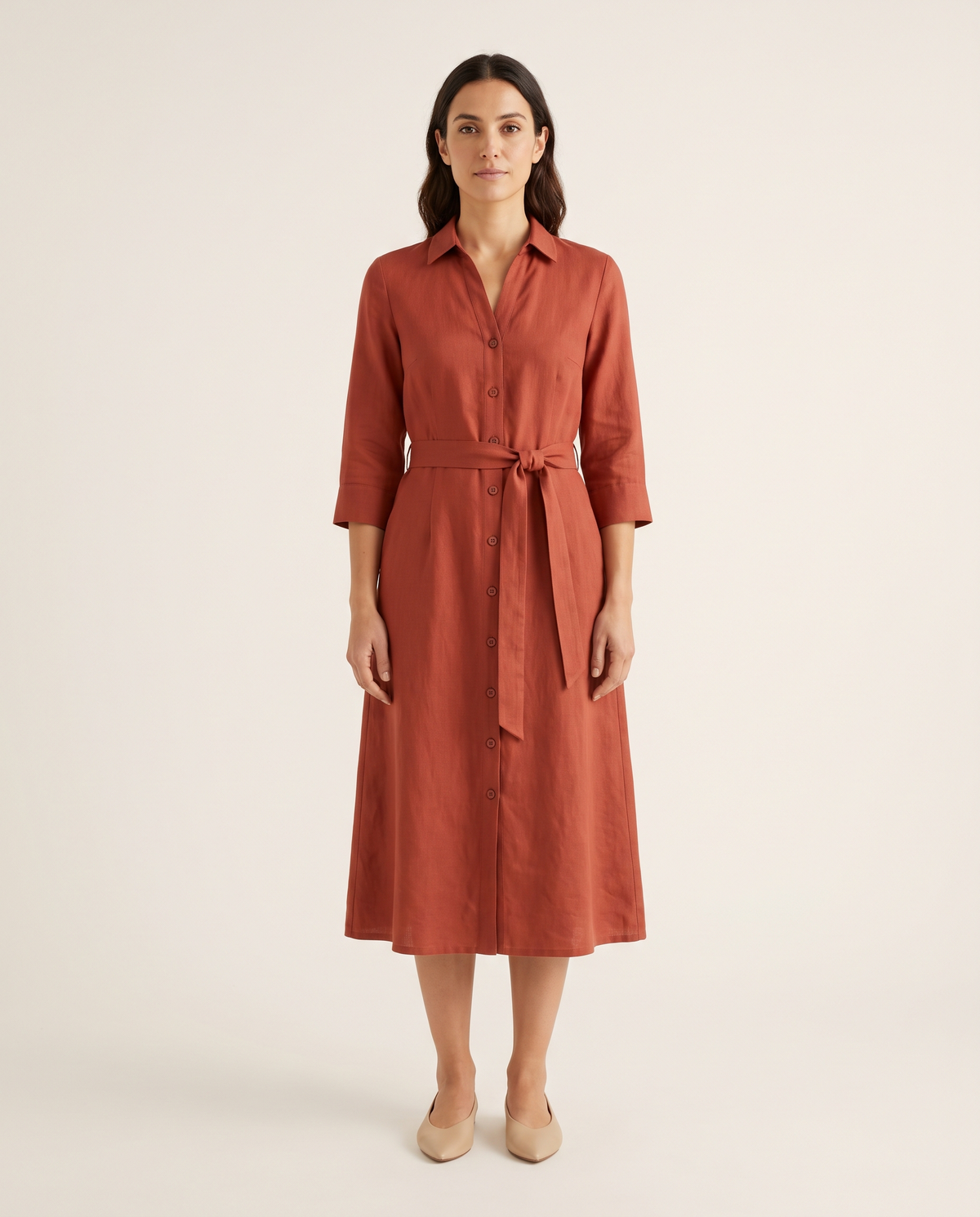 TERRA terracotta linen midi shirt dress, front view