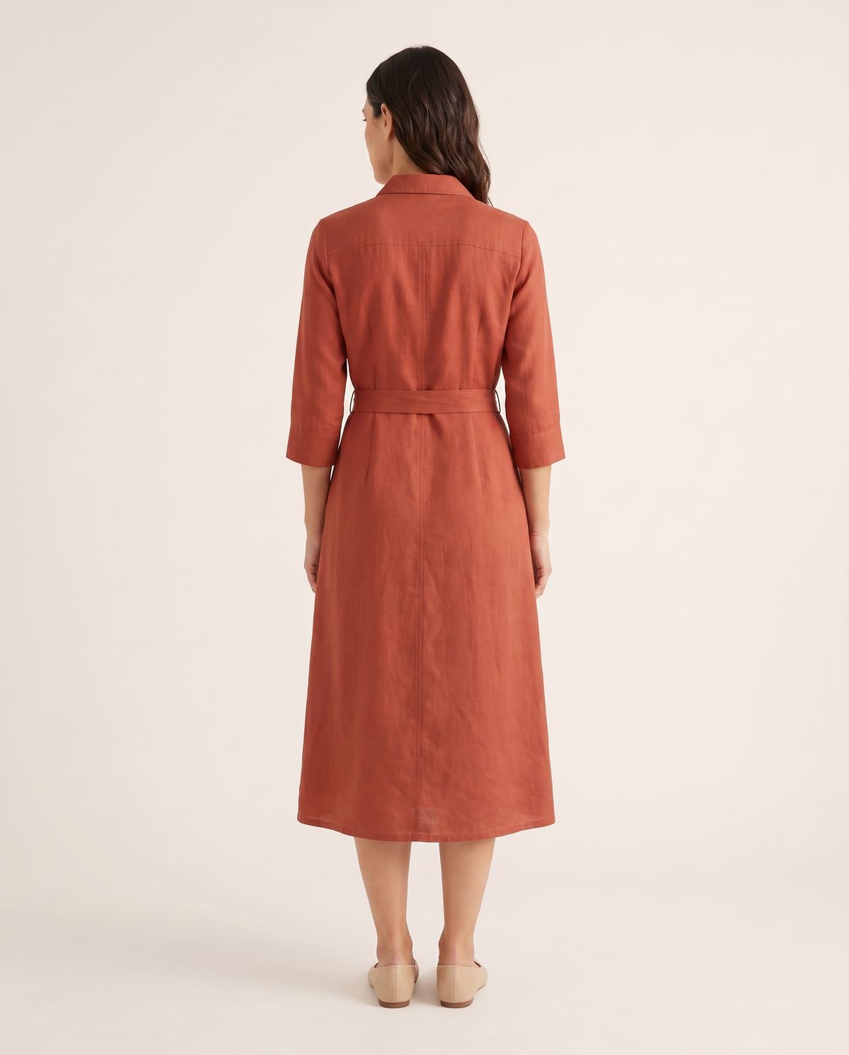 TERRA terracotta linen midi shirt dress, back view