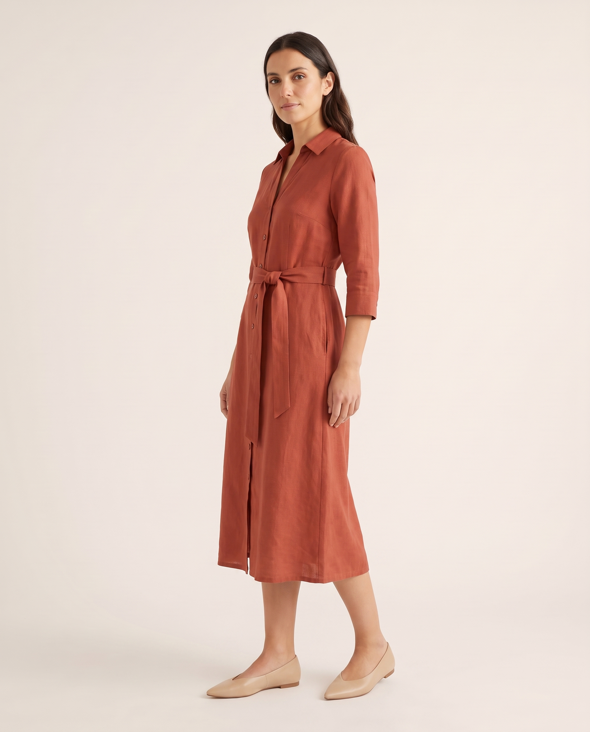 TERRA terracotta linen midi shirt dress, three-quarter view