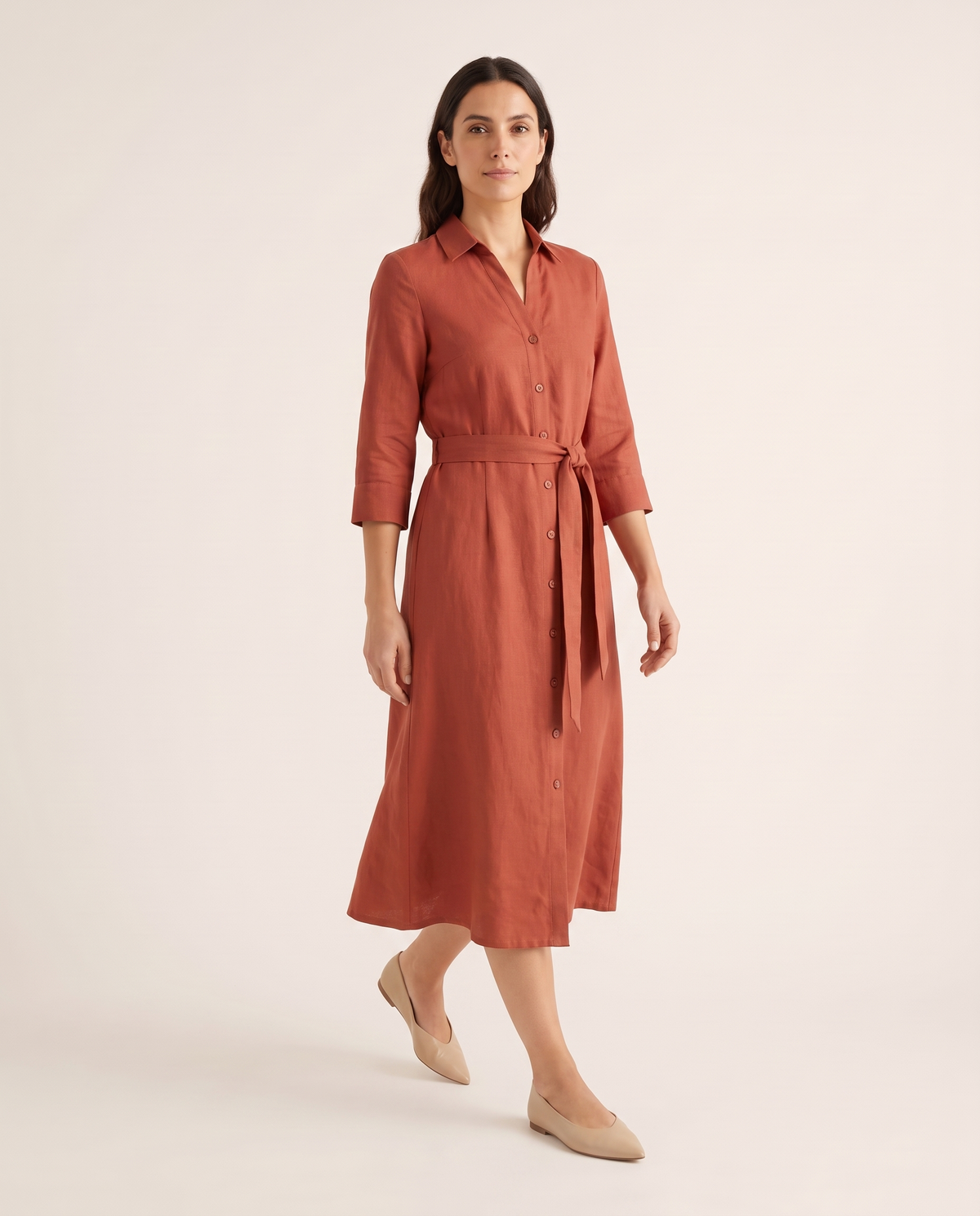 TERRA terracotta linen midi shirt dress in motion