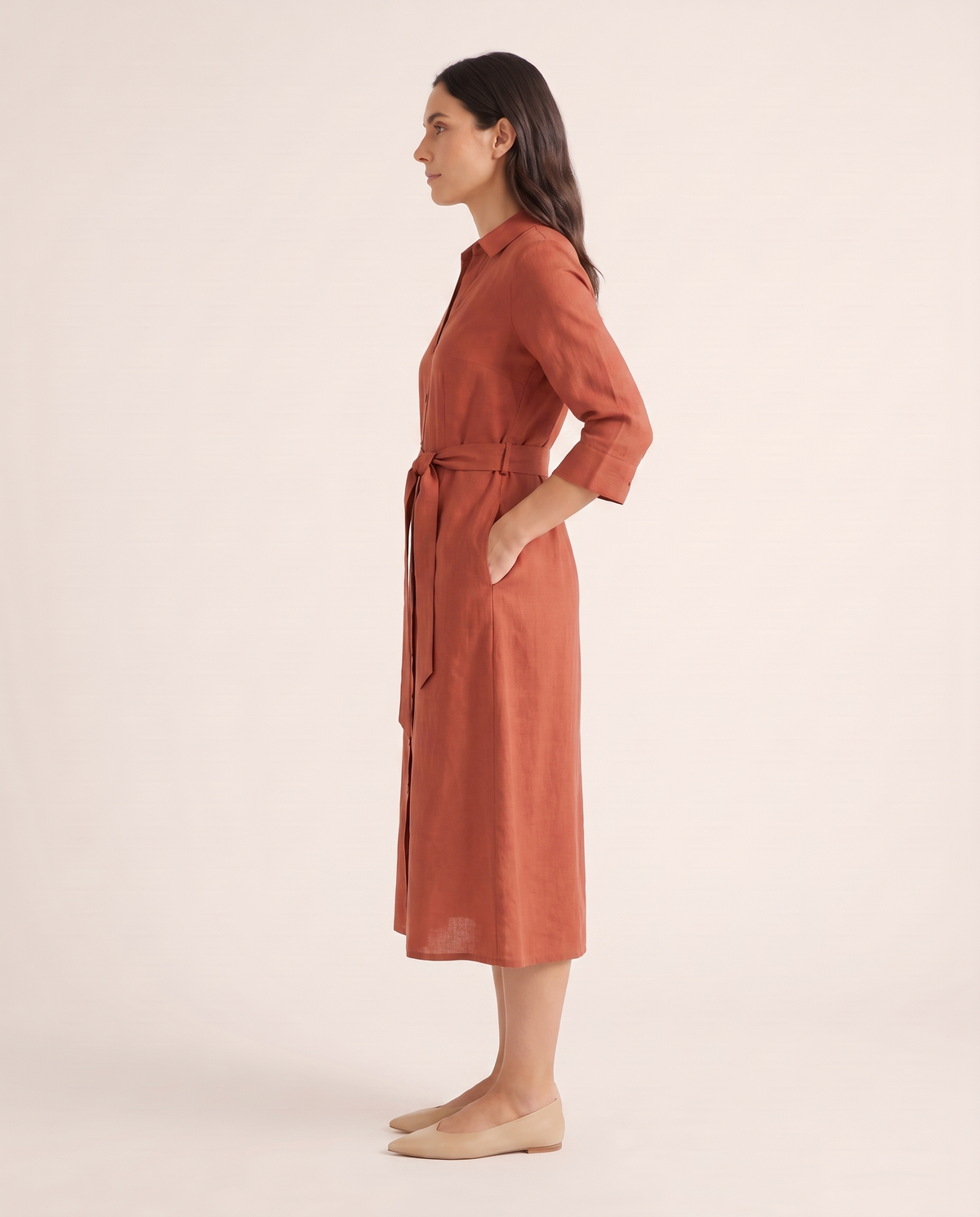 TERRA terracotta linen midi shirt dress with concealed pocket