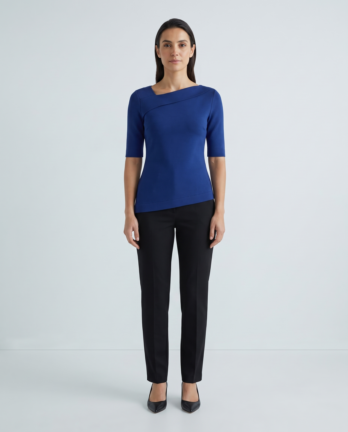COBALT asymmetric neckline top in cobalt blue, front view