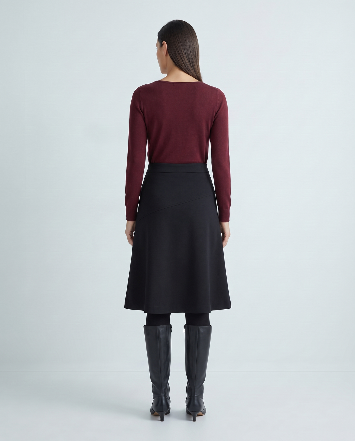 MIDNIGHT black A-line midi skirt, back view