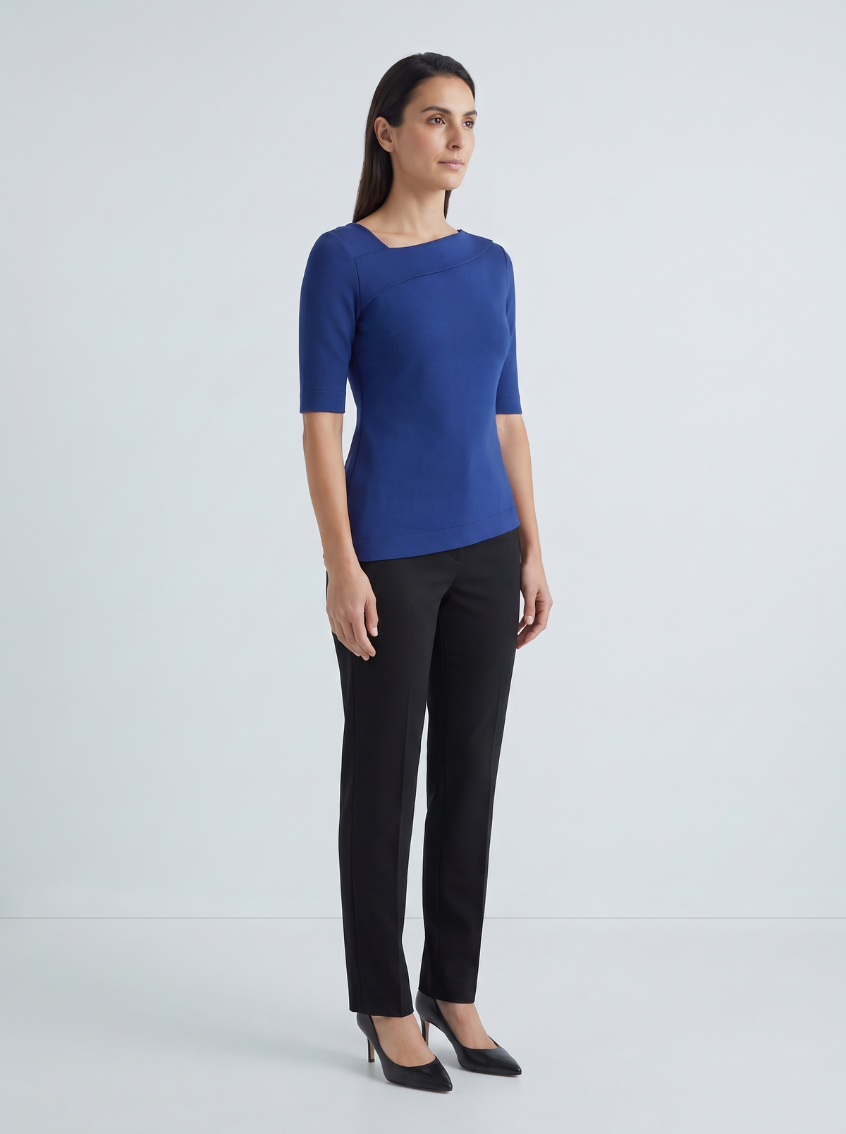 COBALT cobalt-blue top with elbow-length sleeves, three-quarter view