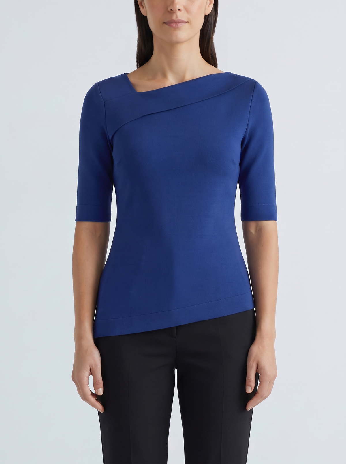 Detail of the folded asymmetric neckline on the COBALT top