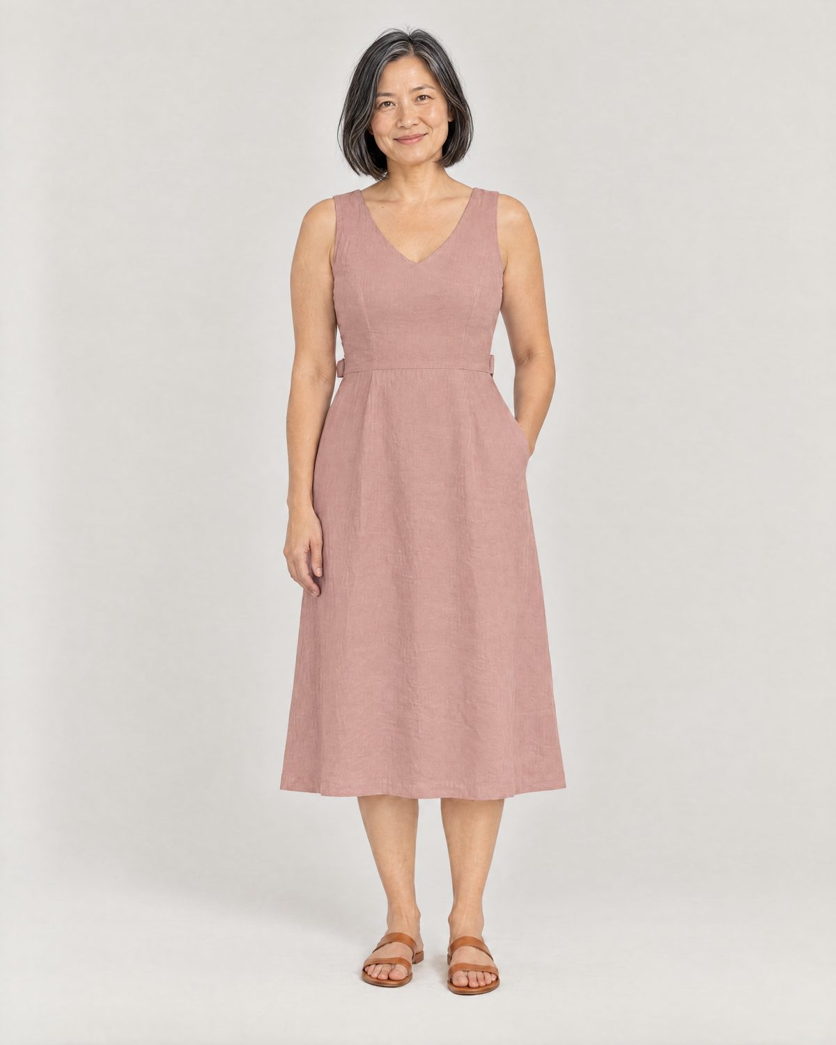 DAYLIGHT dusty rose lined linen A-line midi dress, front view