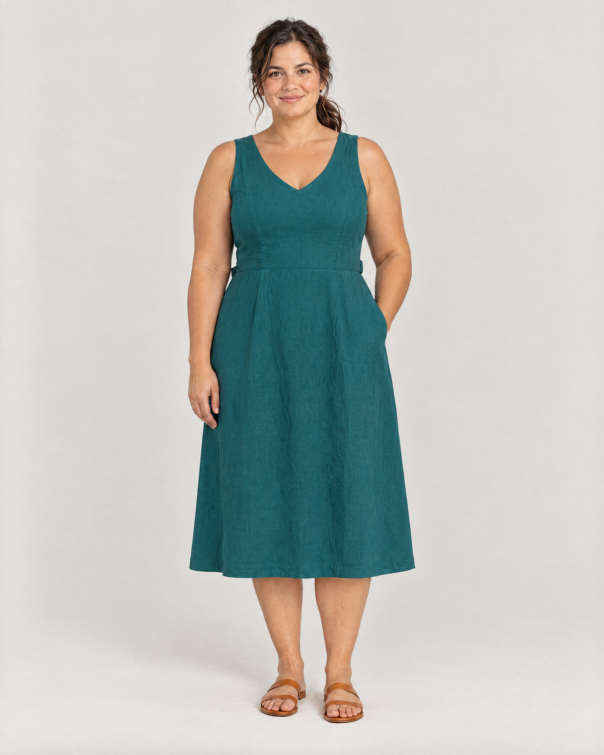 DAYLIGHT teal lined linen A-line midi dress, front view