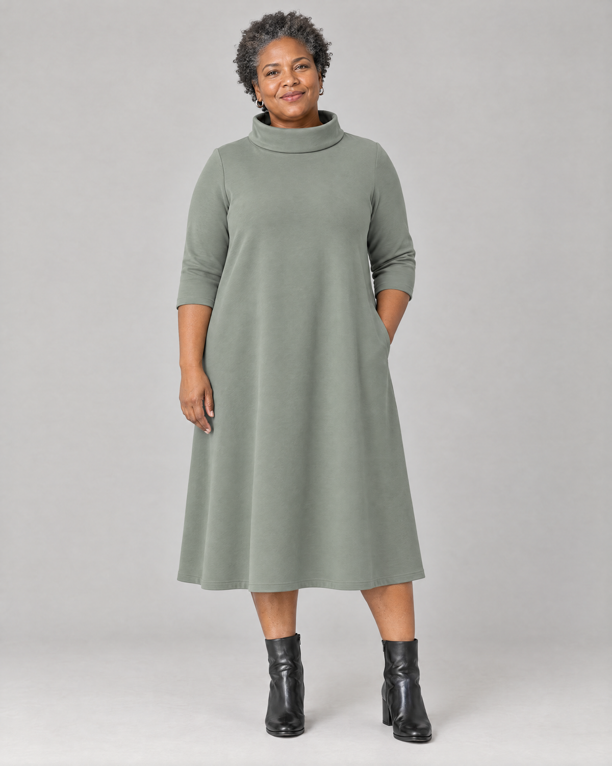KIND A-line midi dress in Grey Green, front view