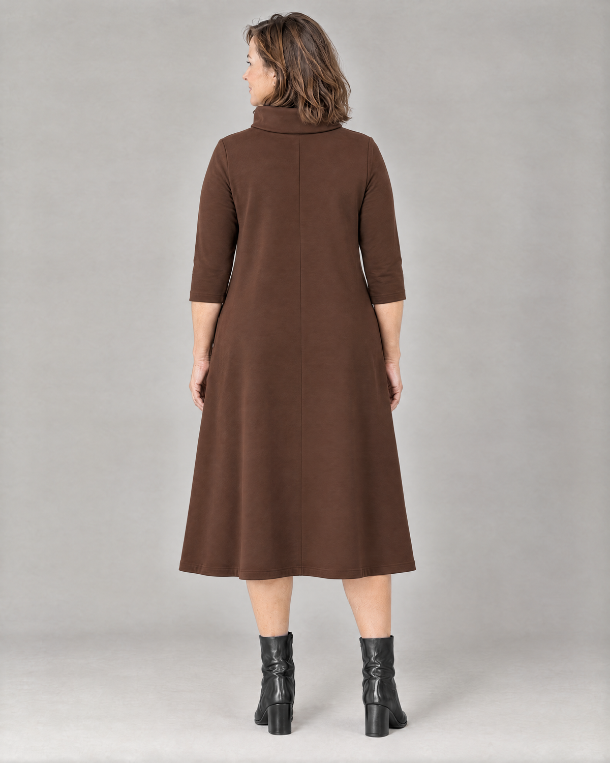 KIND A-line midi dress in Brown, back view with centre back seam and funnel collar