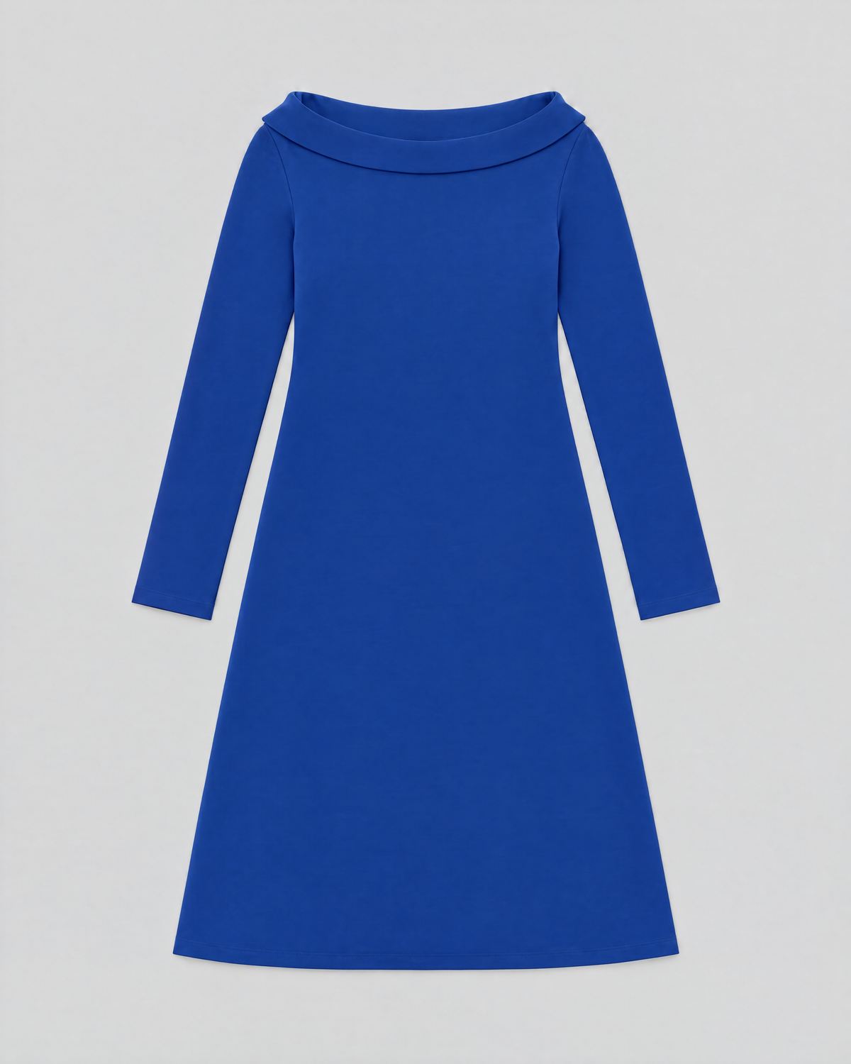 STORY TALL Punto – cobalt blue A-line dress laid flat, full garment