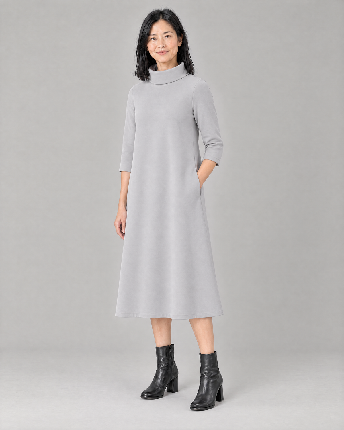 KIND A-line midi dress in Light Grey, three-quarter view