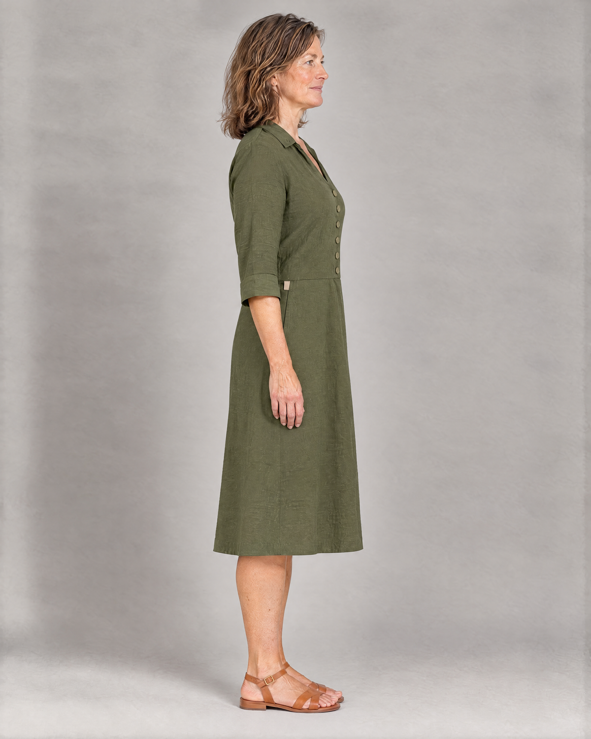 CARRY olive green linen A-line midi shirt dress, side view