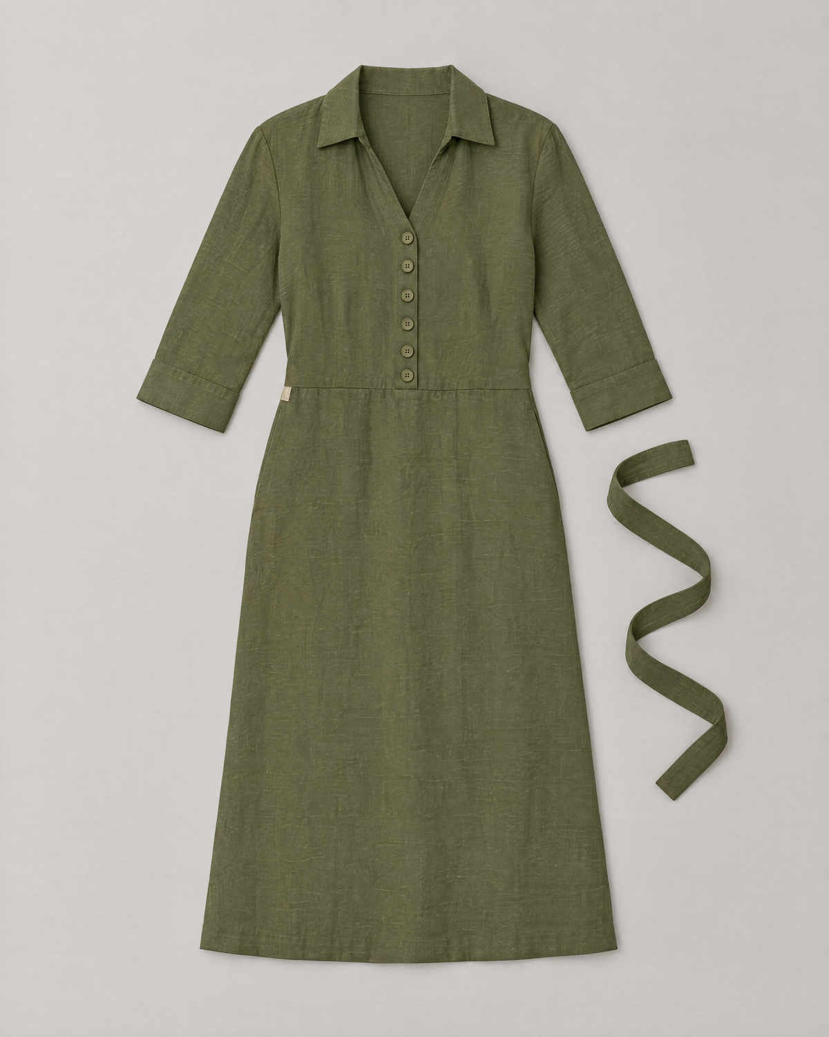 CARRY olive green linen shirt dress with removable belt, laid flat