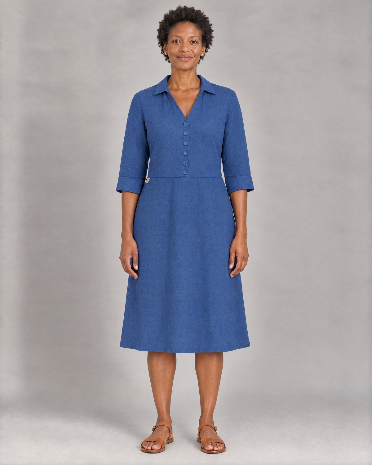 CARRY blue Dutch linen A-line midi shirt dress, front view