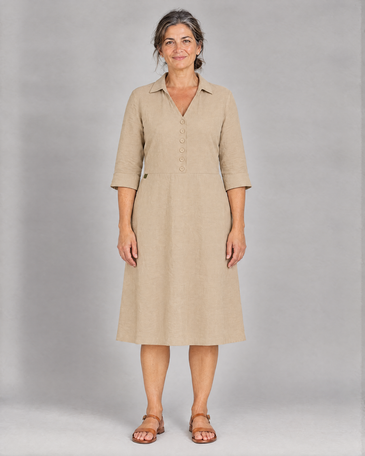 CARRY beige Dutch linen A-line midi shirt dress with olive green tab, front view