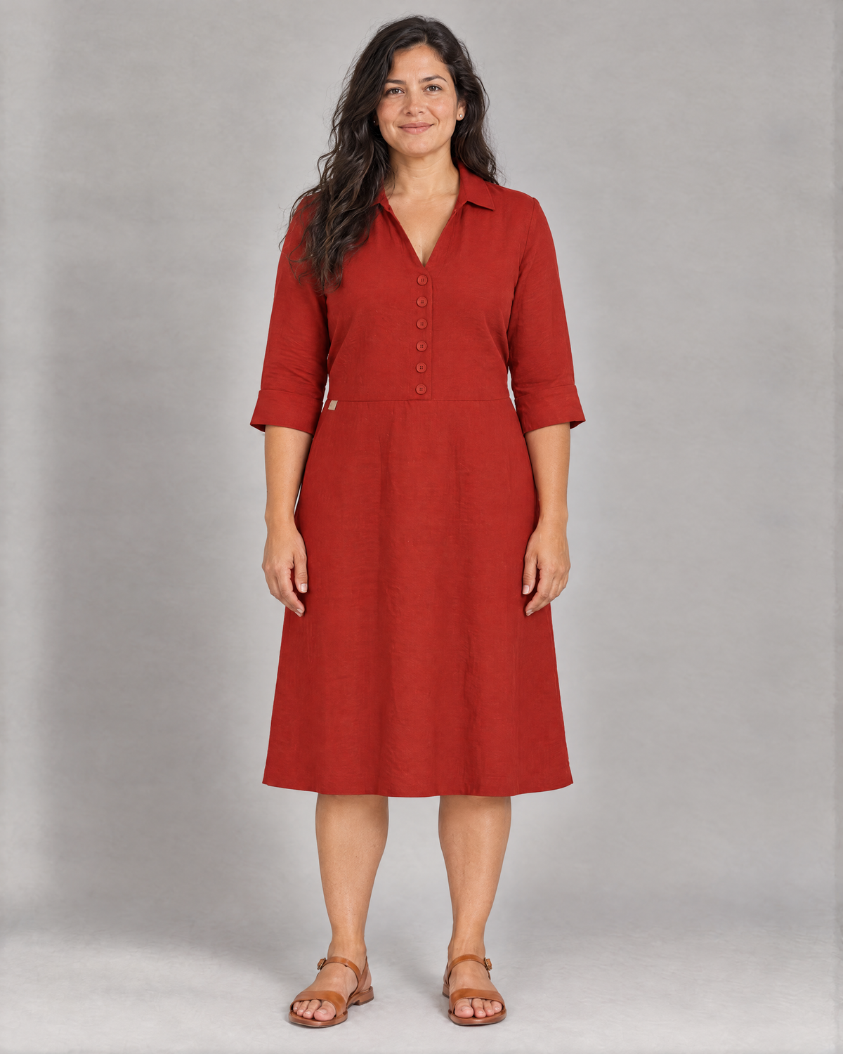 CARRY red Dutch linen A-line midi shirt dress, front view