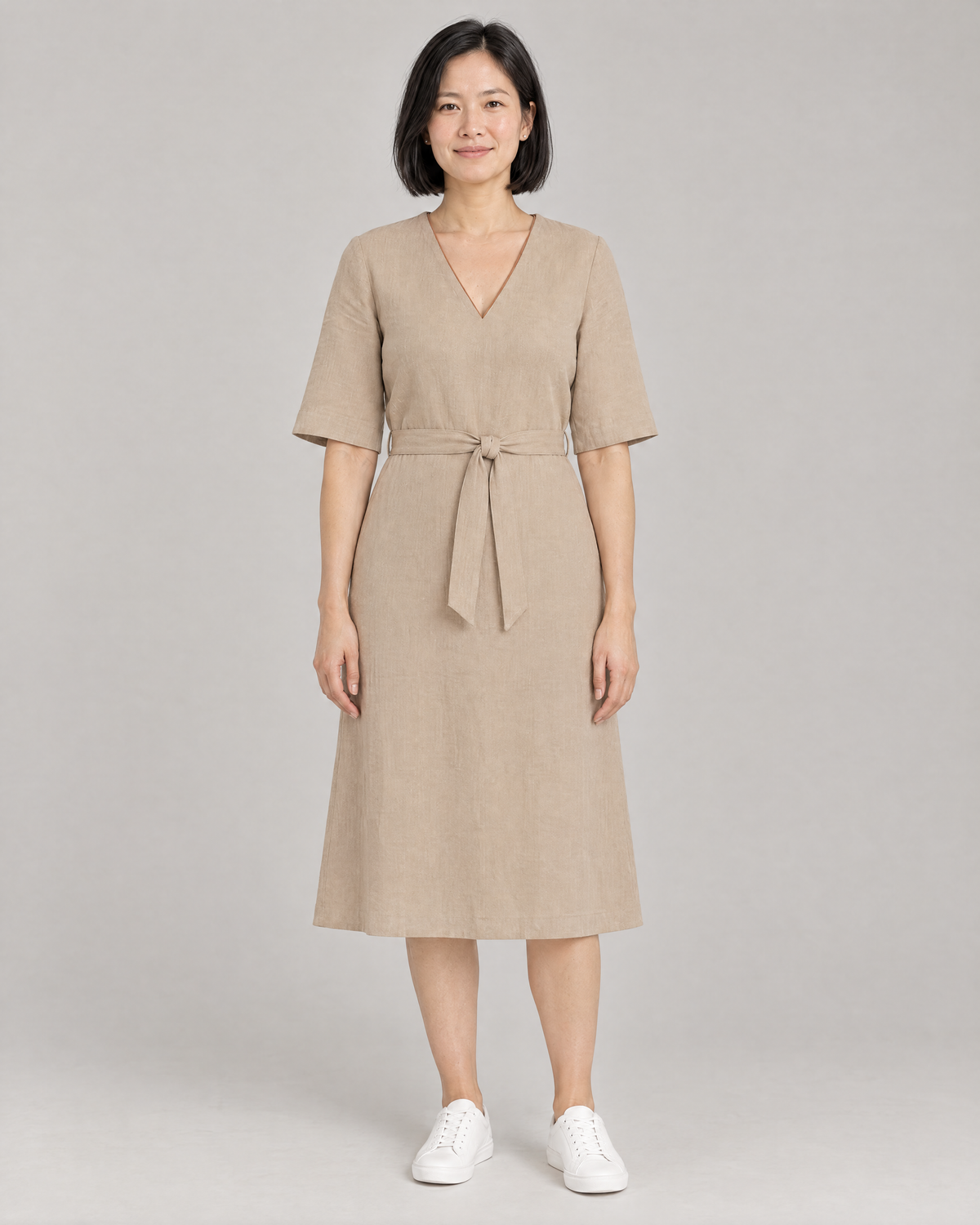 PASSPORT beige Dutch linen A-line midi dress with elbow sleeves, front view