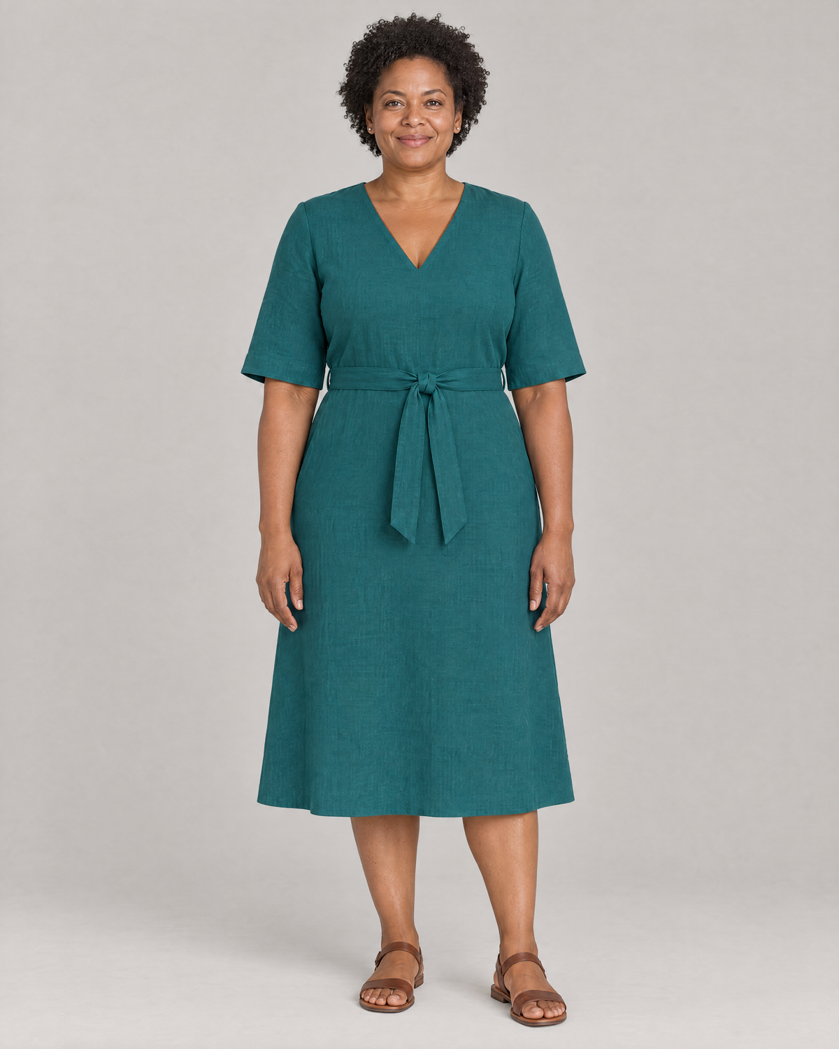 PASSPORT teal Dutch linen A-line midi dress with elbow sleeves, front view