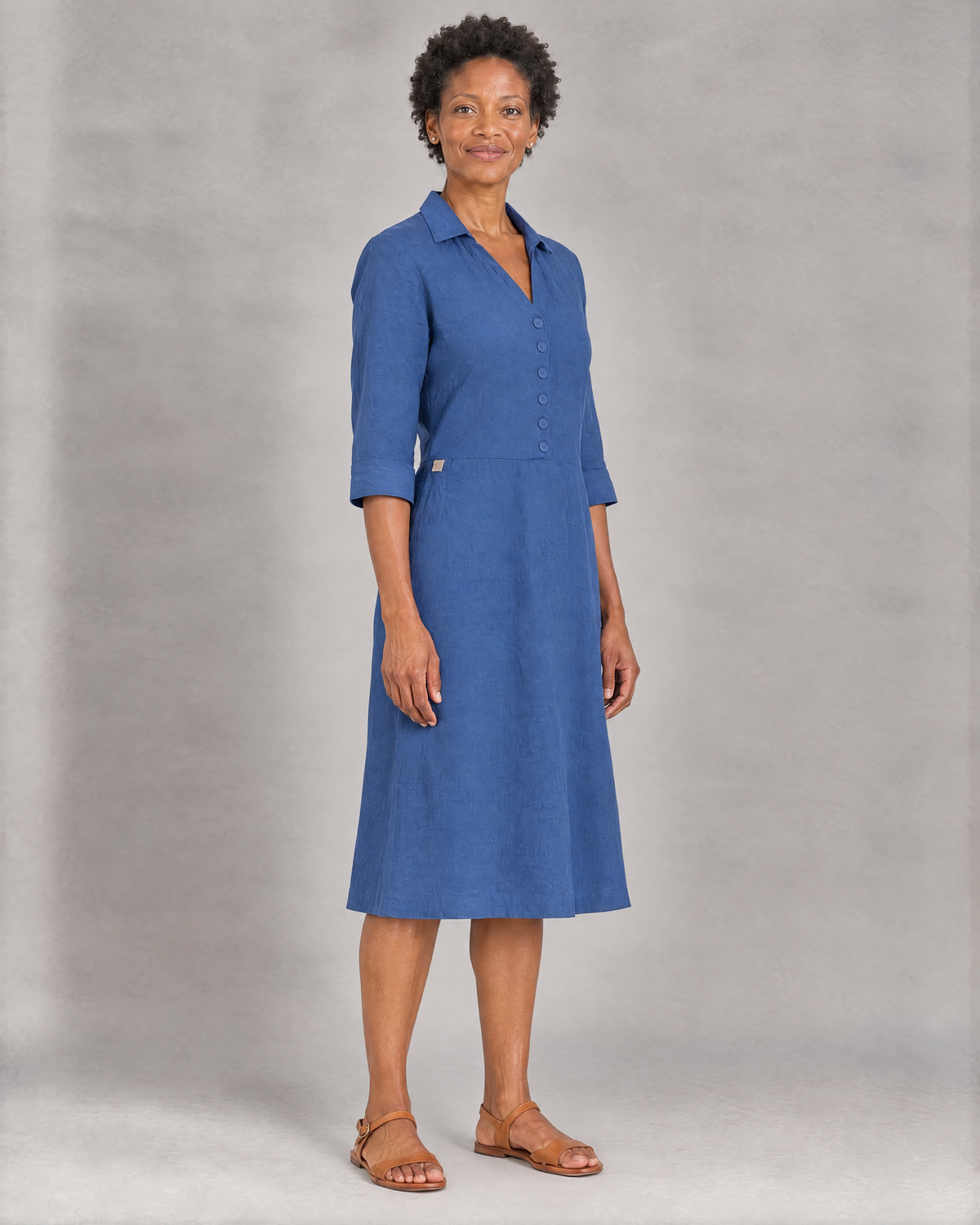 CARRY blue linen A-line midi shirt dress, three-quarter view