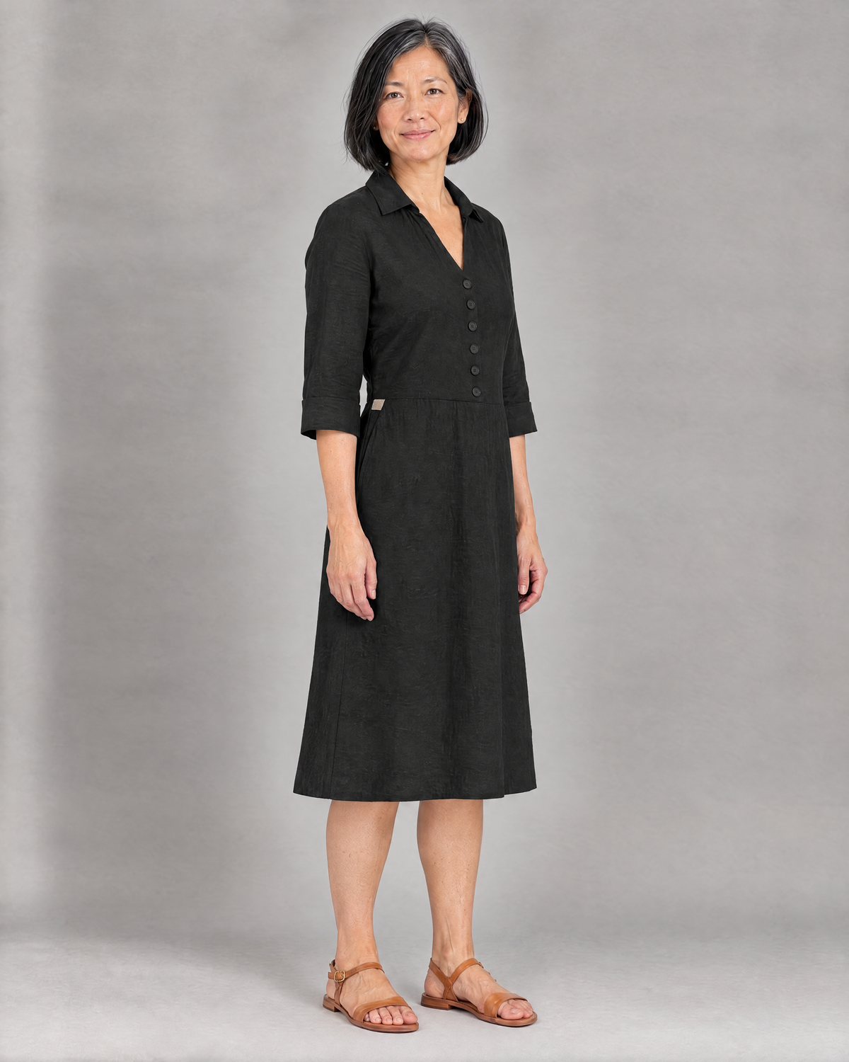 CARRY black linen A-line midi shirt dress, three-quarter view